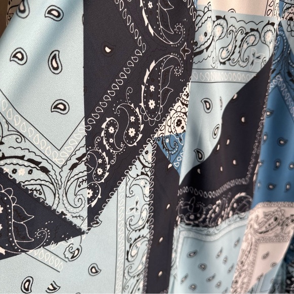 STAUD Milla Midi Dress Patchwork Bandana Capri w/ Short Puff Sleeves & Slit - Picture 9 of 11